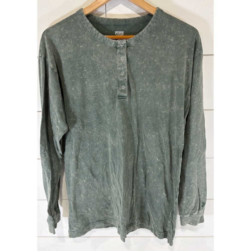 PINK Victoria's Secret Green Stone Washed Henley Shirt Women's Sz M Long Sleeve
